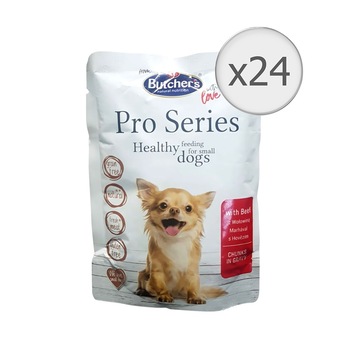 Hrana umeda pentru caini Butcher's Pro Series Grain Free, Talie Mica, Vita, 24x100g Hrana umeda pentru caini Butcher's Pro Series Grain Free, Talie Mica, Vita, 24x100g