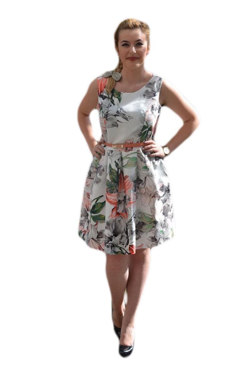 Rochie de vara multicolora cu imprimeu floral realist, D&J Exclusive, Alb