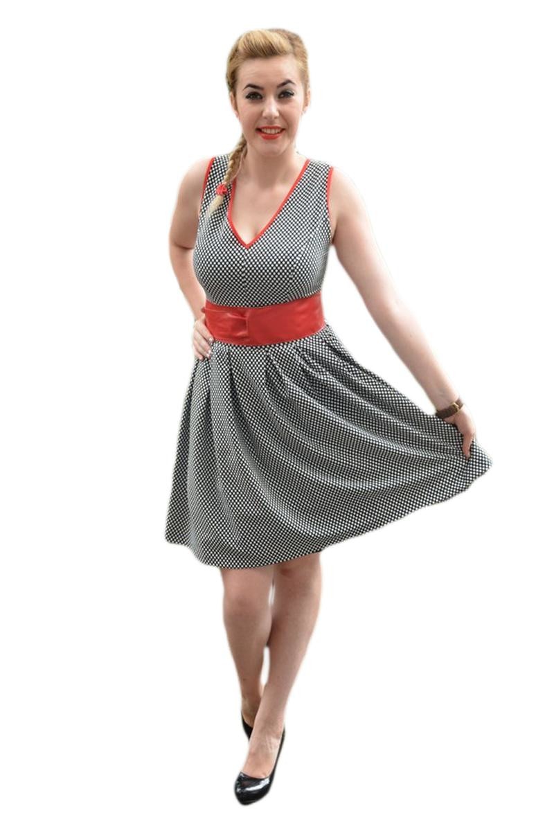 Rochie de zi cu buline marunte albe si centura rosie, D&J Exclusive, Albastru marin