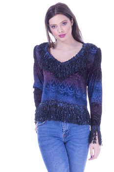 Bluza catifea albastra cu franjuri Liza Panait I-54E Bluza catifea albastra cu franjuri Liza Panait I-54E