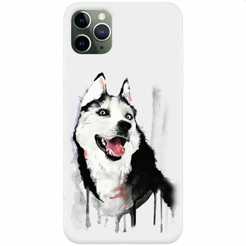 Husa silicon pentru Apple Iphone 11 Pro Max, Husky Dog Watercolor Illustration Husa silicon pentru Apple Iphone 11 Pro Max, Husky Dog Watercolor Illustration