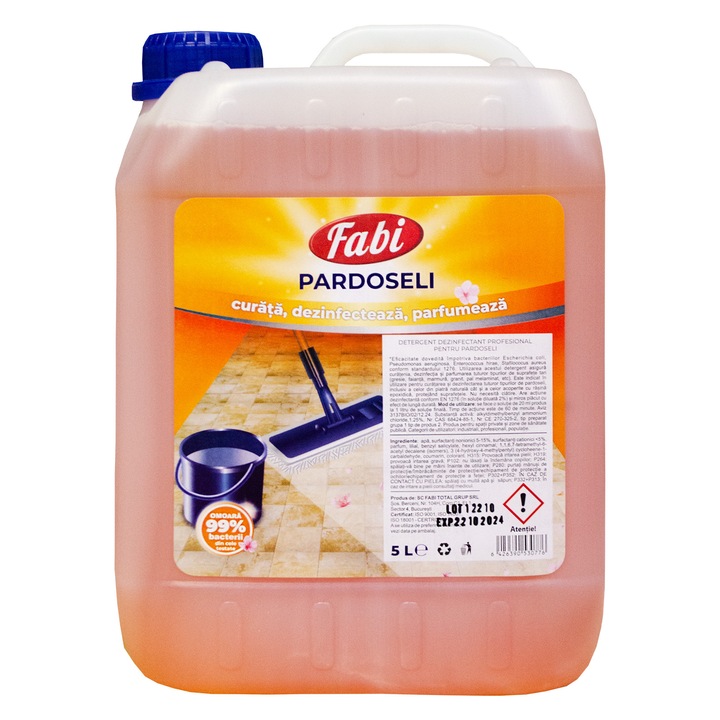 Detergent profesional pentru pardoseli, Fabi, 5L, portocaliu, curata si dezinfecteaza, avizat ca biocid