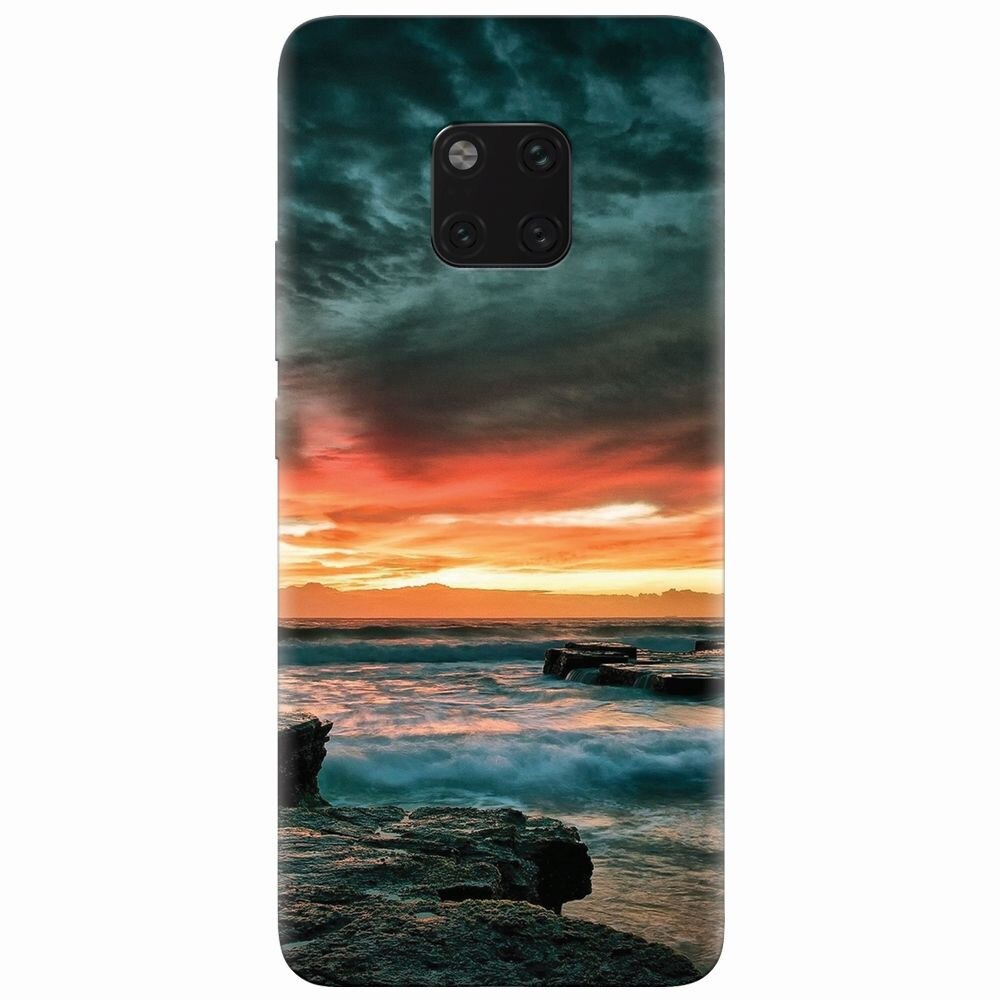Husa silicon pentru Huawei Mate 20 Pro, Dramatic Rocky Beach Shore Sunset
