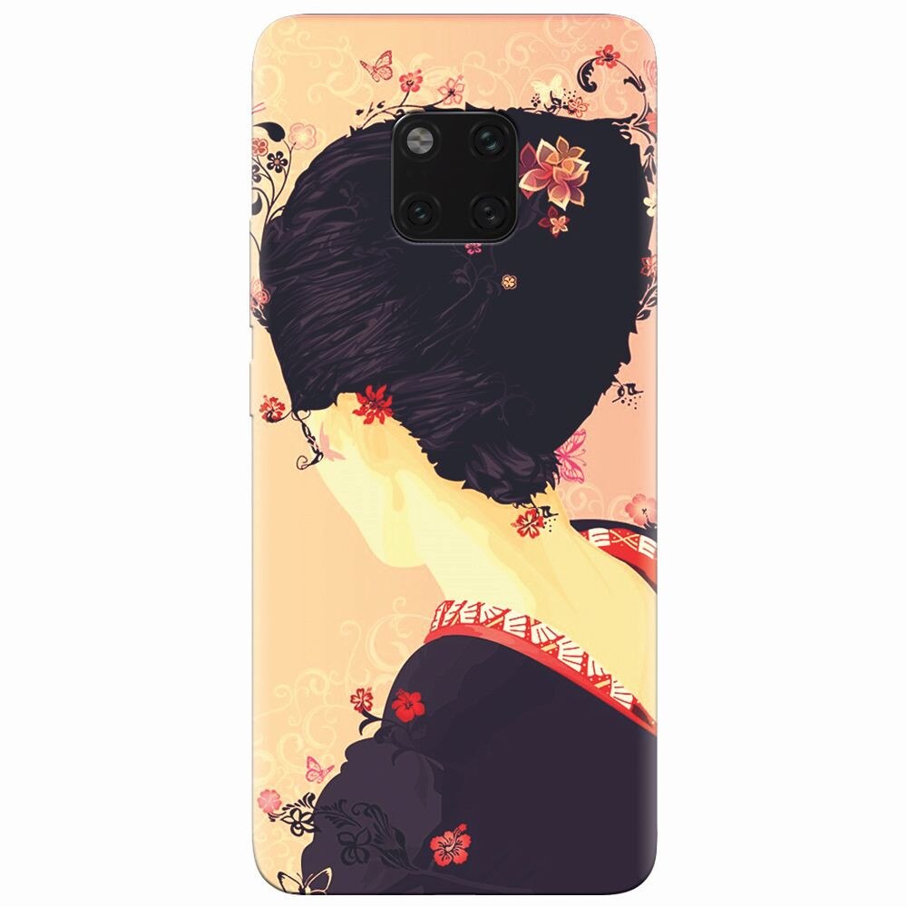 Husa silicon pentru Huawei Mate 20 Pro, Japanese Geisha Illustration Cherry Blossom