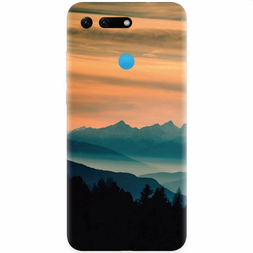 Husa silicon pentru Honor View 20, Blue Mountains Orange Clouds Sunset Landscape