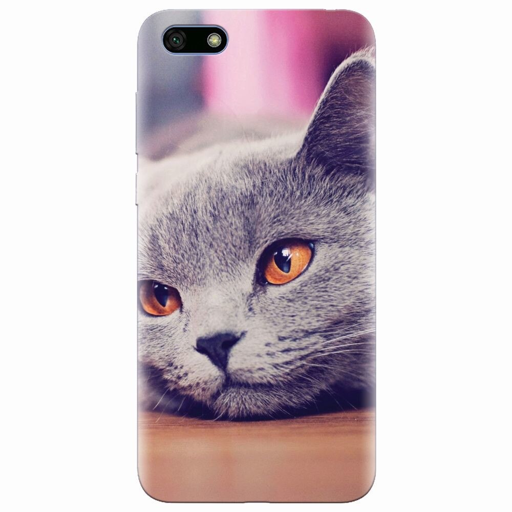 Husa silicon pentru Huawei Y5 2018, British Shorthair Cat Yellow Eyes Portrait