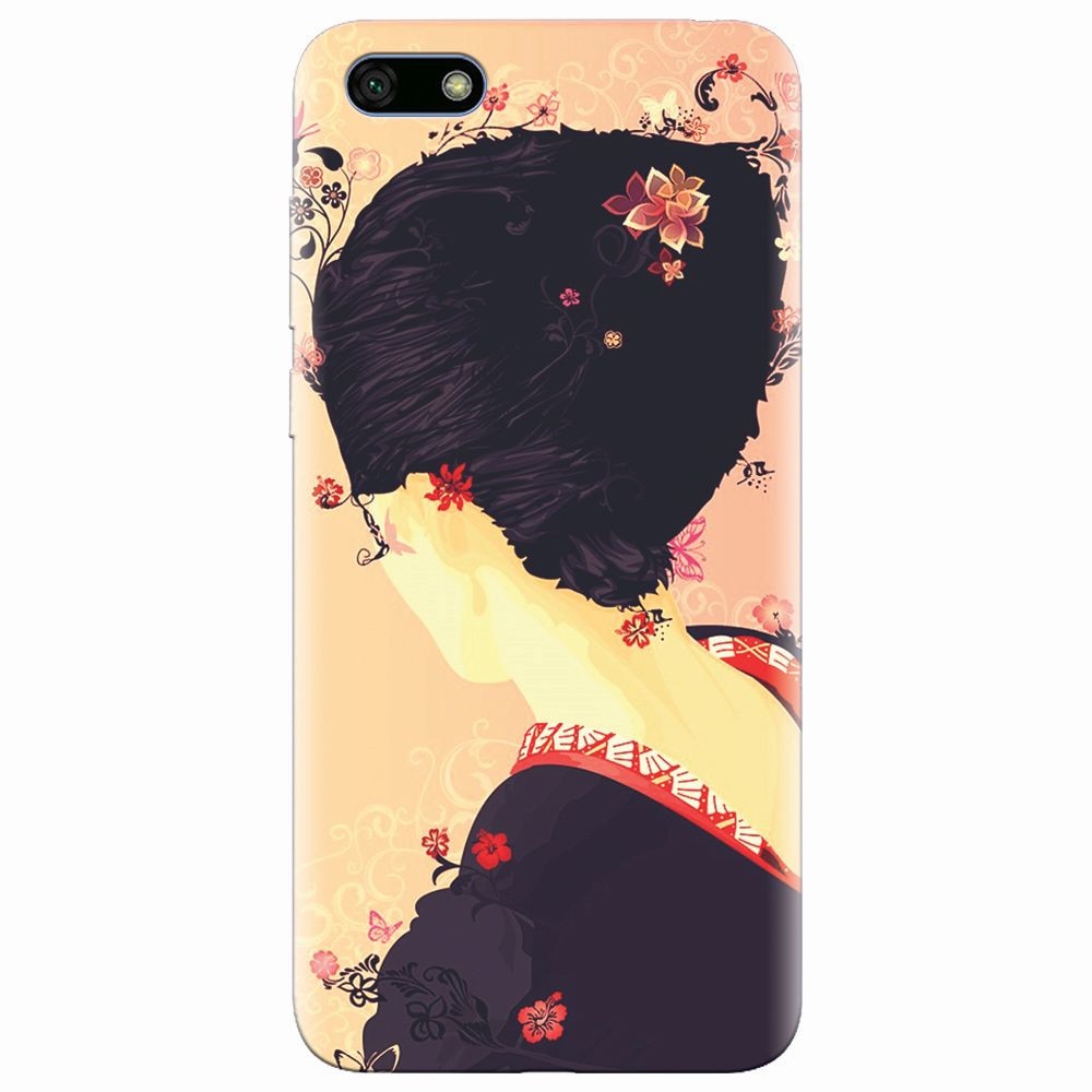 Husa silicon pentru Huawei Y5 2018, Japanese Geisha Illustration Cherry Blossom