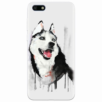 Husa silicon pentru Huawei Y5 2018, Husky Dog Watercolor Illustration Husa silicon pentru Huawei Y5 2018, Husky Dog Watercolor Illustration