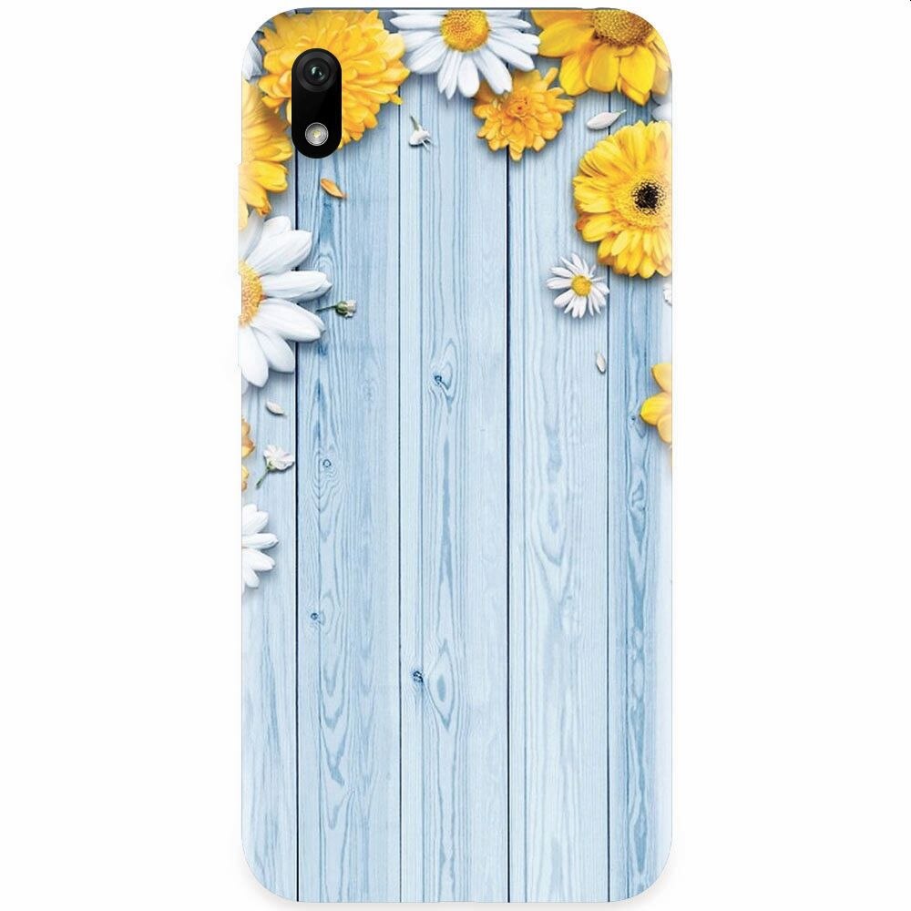 Husa silicon pentru Xiaomi Redmi 7A, Sunflower On Blue Wood