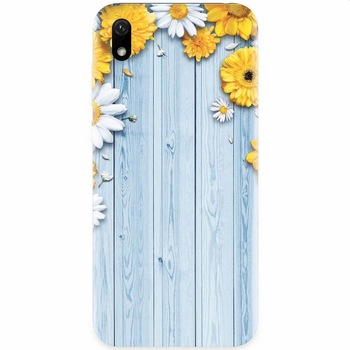 Husa silicon pentru Xiaomi Redmi 7A, Sunflower On Blue Wood Husa silicon pentru Xiaomi Redmi 7A, Sunflower On Blue Wood
