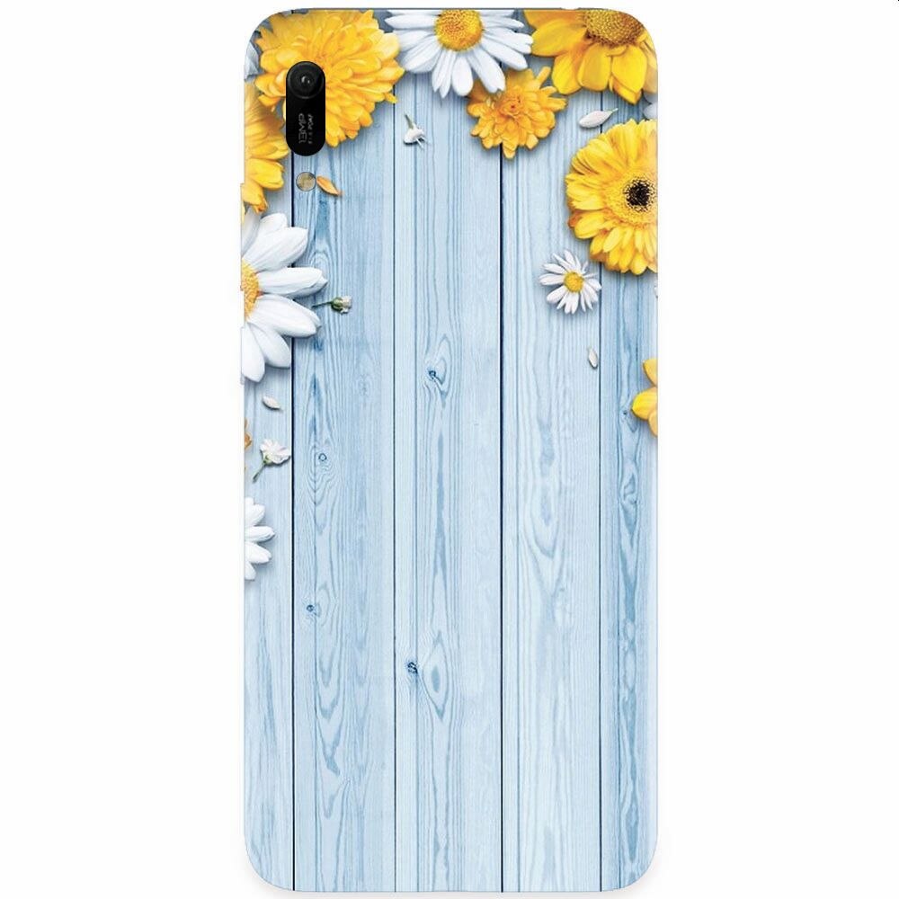 Husa silicon pentru Huawei Y6 2019, Sunflower On Blue Wood