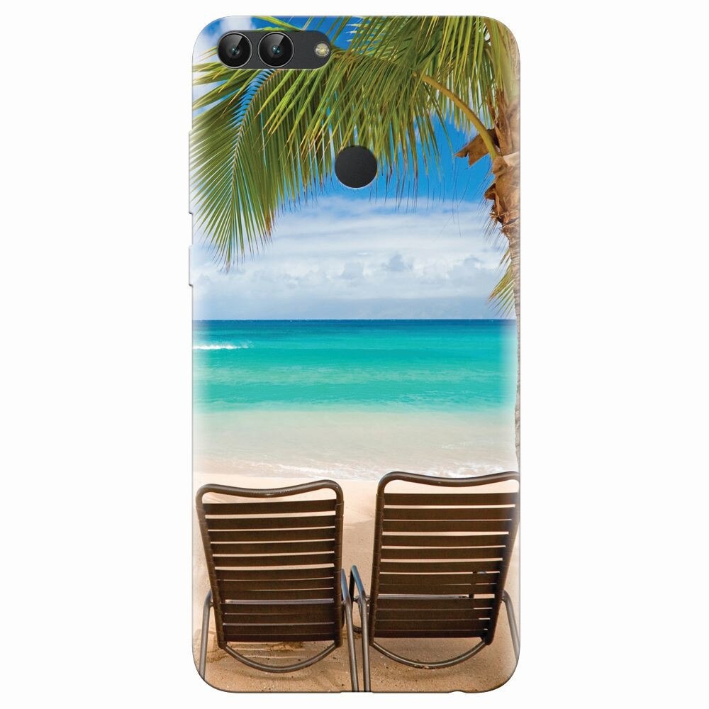 Husa silicon pentru Huawei P Smart, Beach Chairs Palm Tree Seaside