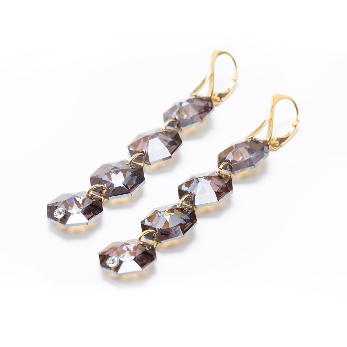 Cercei Argint DaviCrystals cu cristale octogon cu leverback agatator gold cu patru cristale black diamond