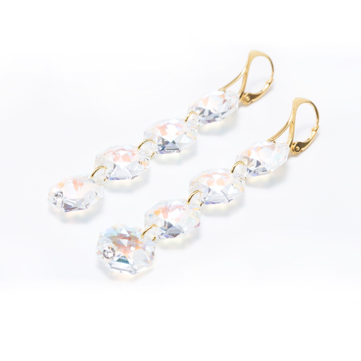 Cercei Argint DaviCrystals cu cristale octogon cu leverback agatator gold cu patru cristale aurore boreale