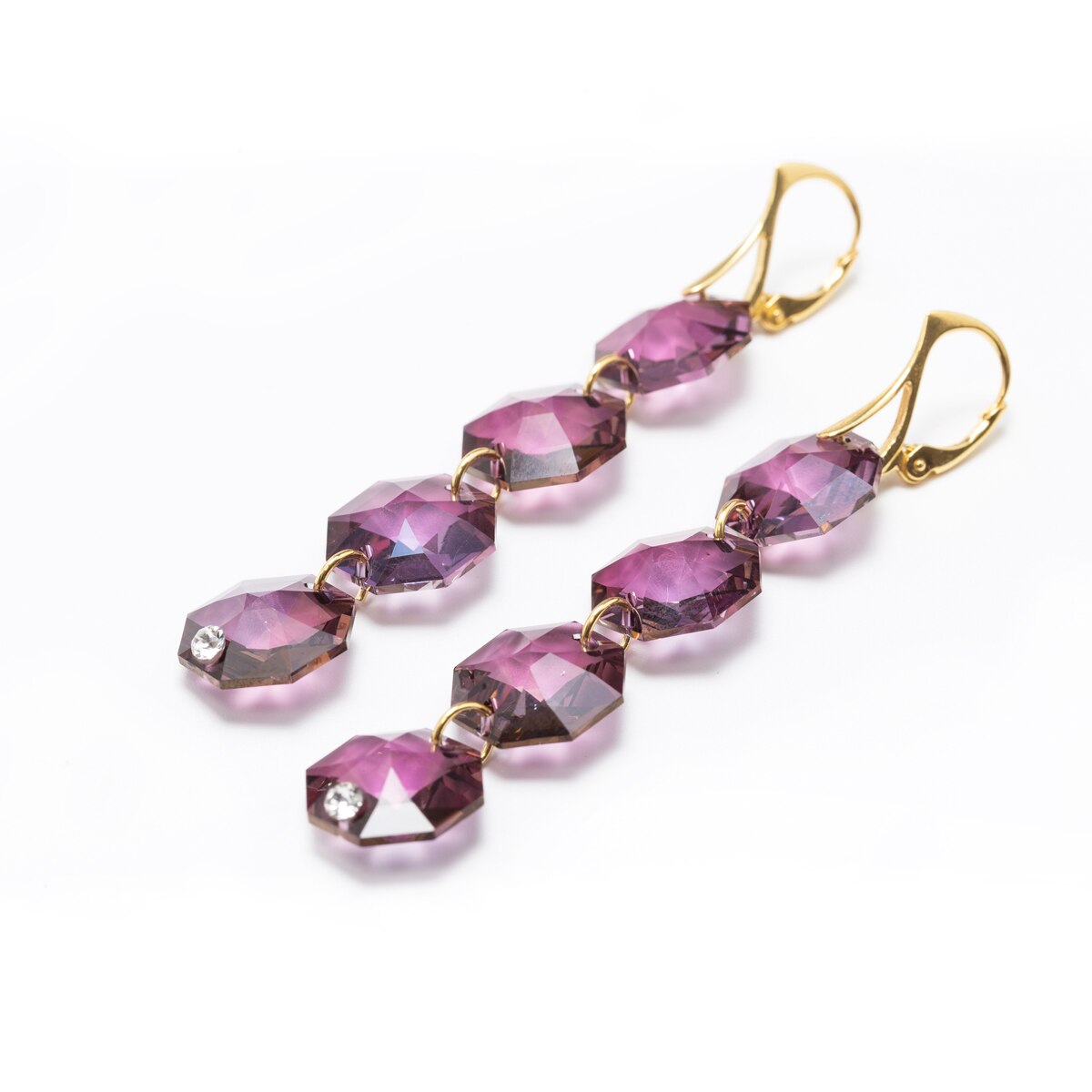 Cercei Argint DaviCrystals cu cristale octogon cu leverback agatator gold cu patru cristale amethyst