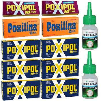 Pachet - 6 x Poxipol 10 minute, 14 ml + 2 x Poxipol bicomponent transparent, 14ml + 2 x Poxilina, 70g + 2 x Den Braven super adeziv, 20g Pachet - 6 x Poxipol 10 minute, 14 ml + 2 x Poxipol bicomponent transparent, 14ml + 2 x Poxilina, 70g + 2 x Den Braven super adeziv, 20g