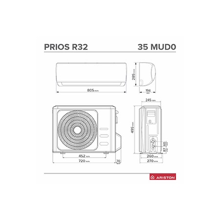 Aparat de aer conditionat Ariston PRIOS 35 Wi-Fi, 12000 BTU, Clasa A++, Functie incalzire, 2D Inverter, Follow me, R32, Alb