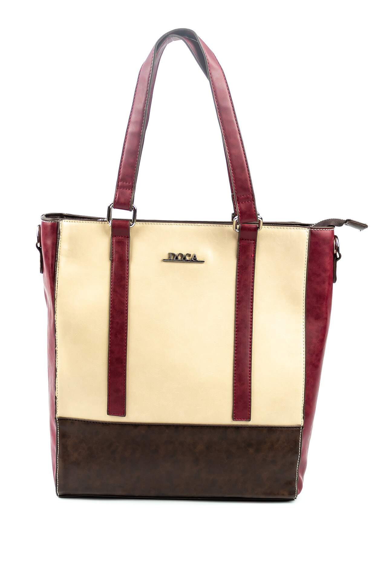 Geanta de mana si de umar Bej/burgund/maro din piele ecologica Doca, de dama, E-10416