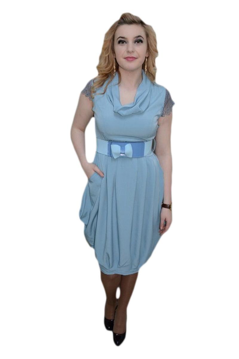 Rochie cu buzunare laterale, curea, guler cazut, D&J Exclusive, Albastru