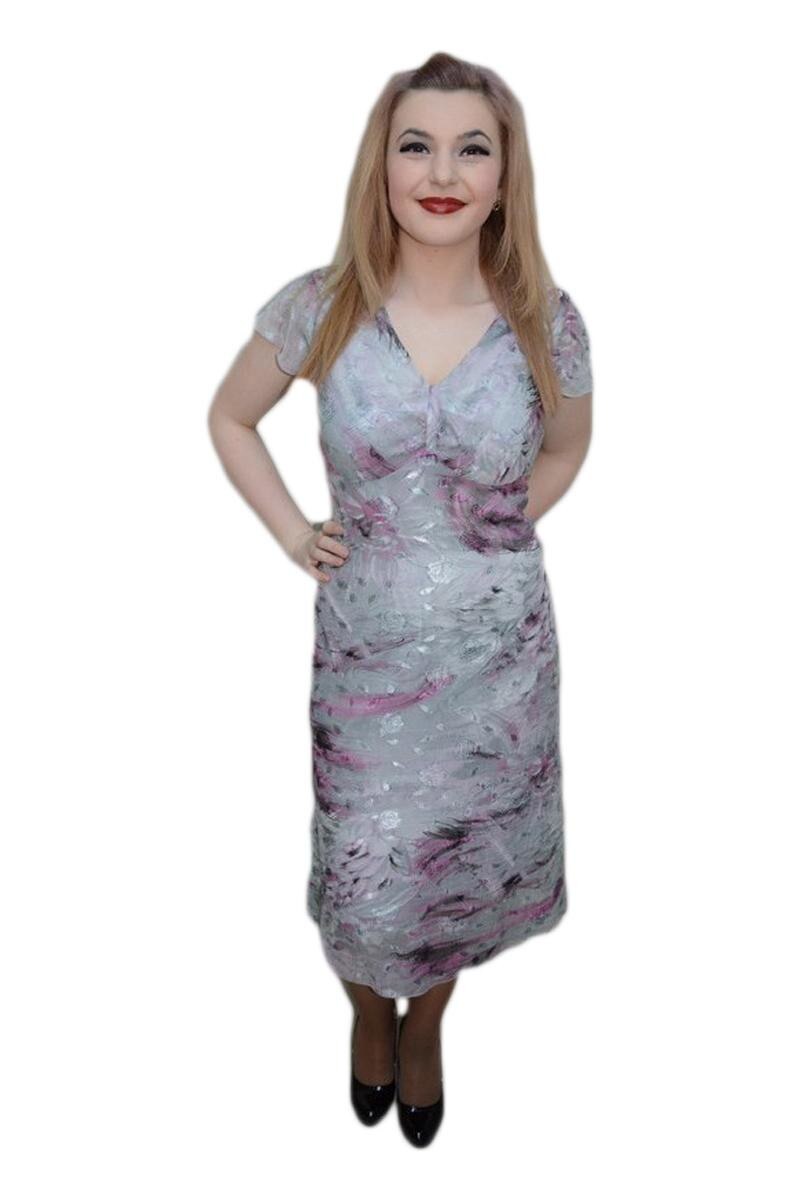 Rochie cu imprimeu abstract, decolteu in V, D&J Exclusive, Gri, 40