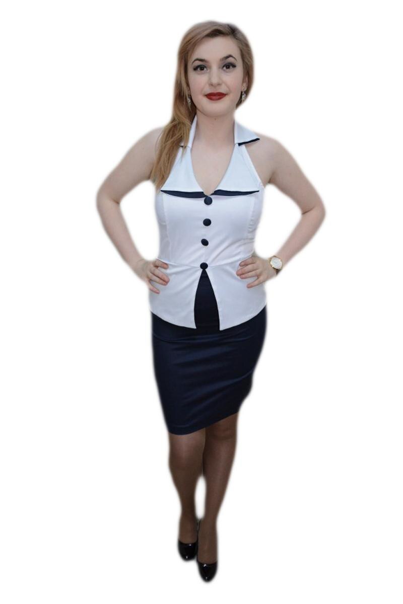 Rochie fara maneci, guler fin, D&J Exclusive, Bleumarin/Alb