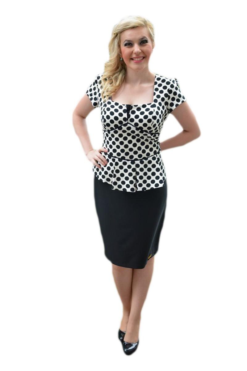 Rochie eleganta tip costum, cu buline mari, D&J Exclusive, Negru/Alb