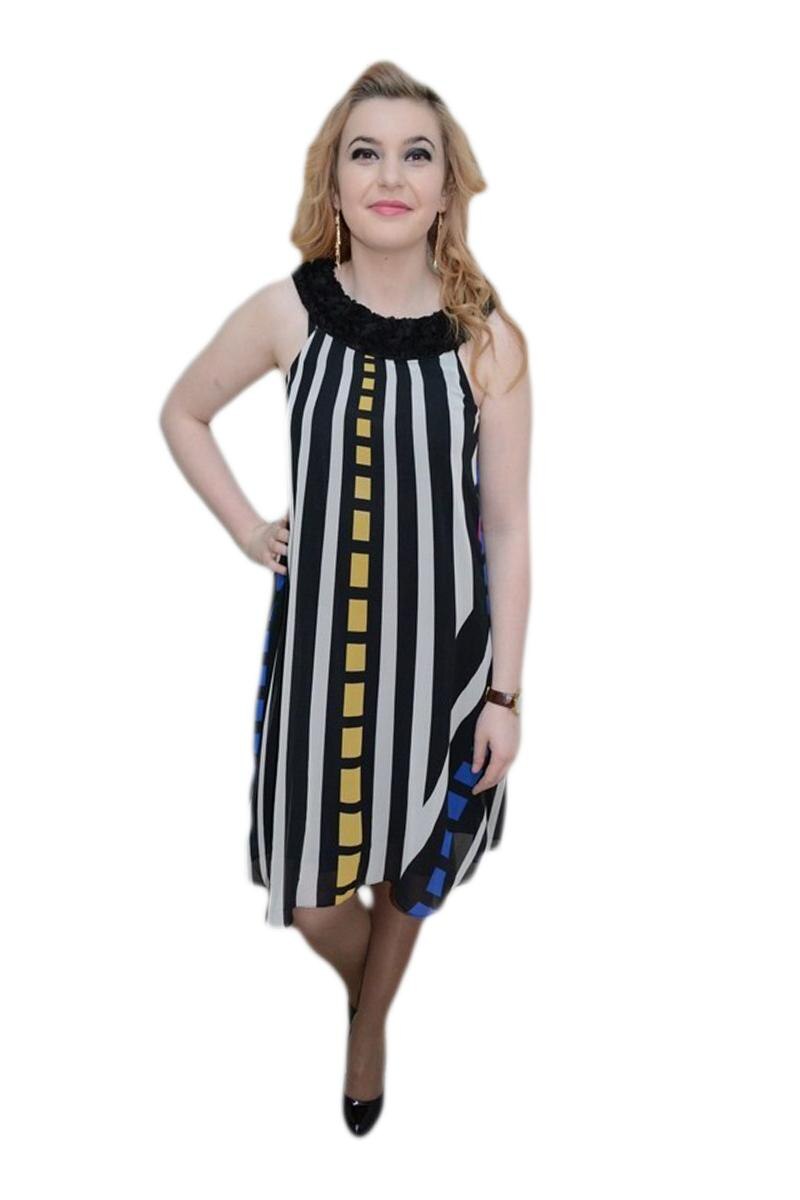 Rochie cu design dungat, decolteu rotund, D&J Exclusive, Negru/Alb