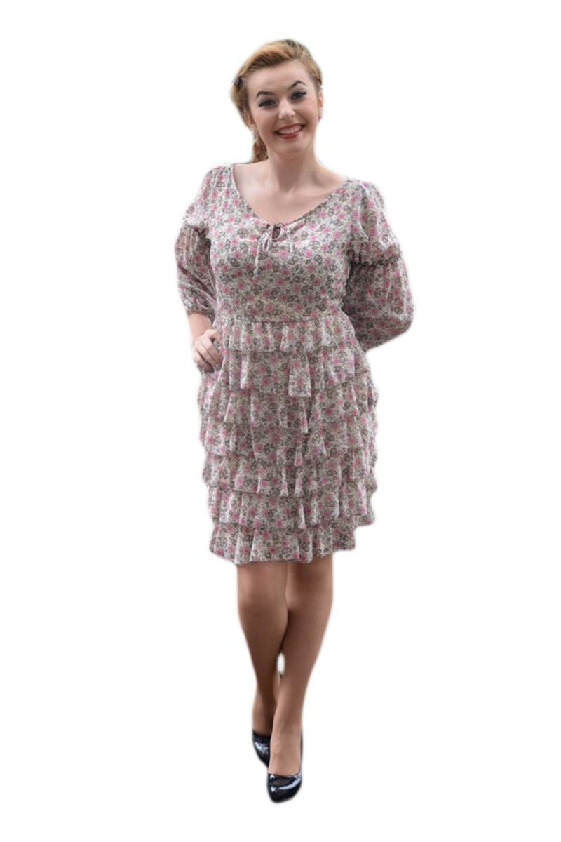 Rochie de zi din voal fin cu model paisley si flori roz, D&J Exclusive, Gri