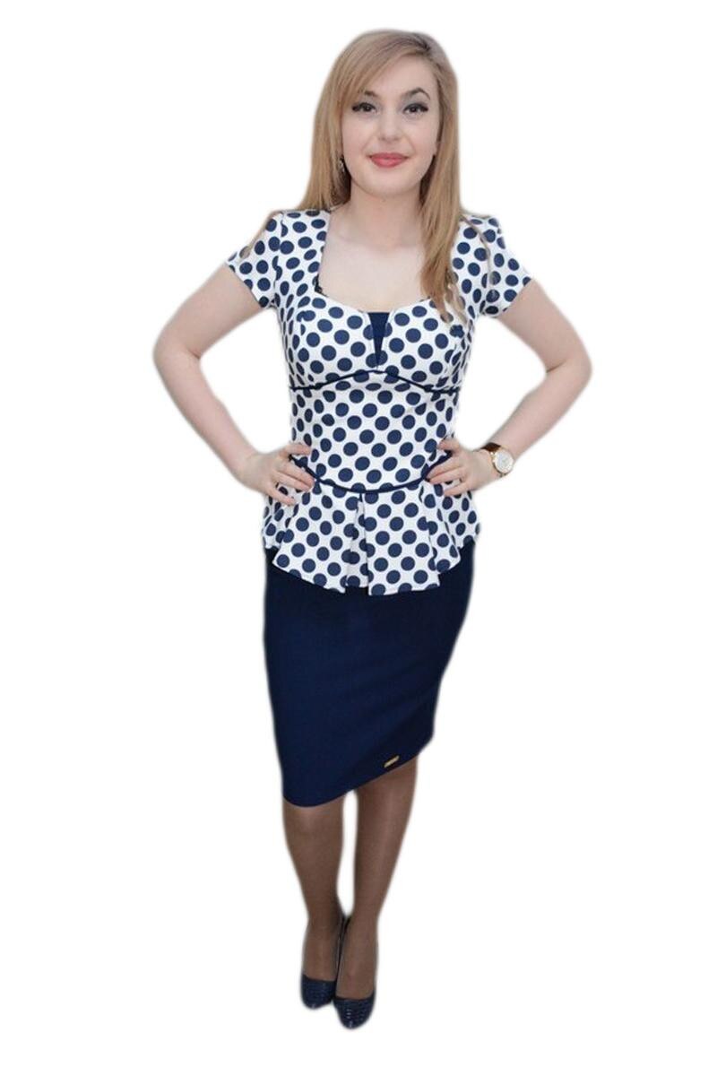Rochie eleganta tip costum, cu peplum in talie, D&J Exclusive, Bleumarin/Alb