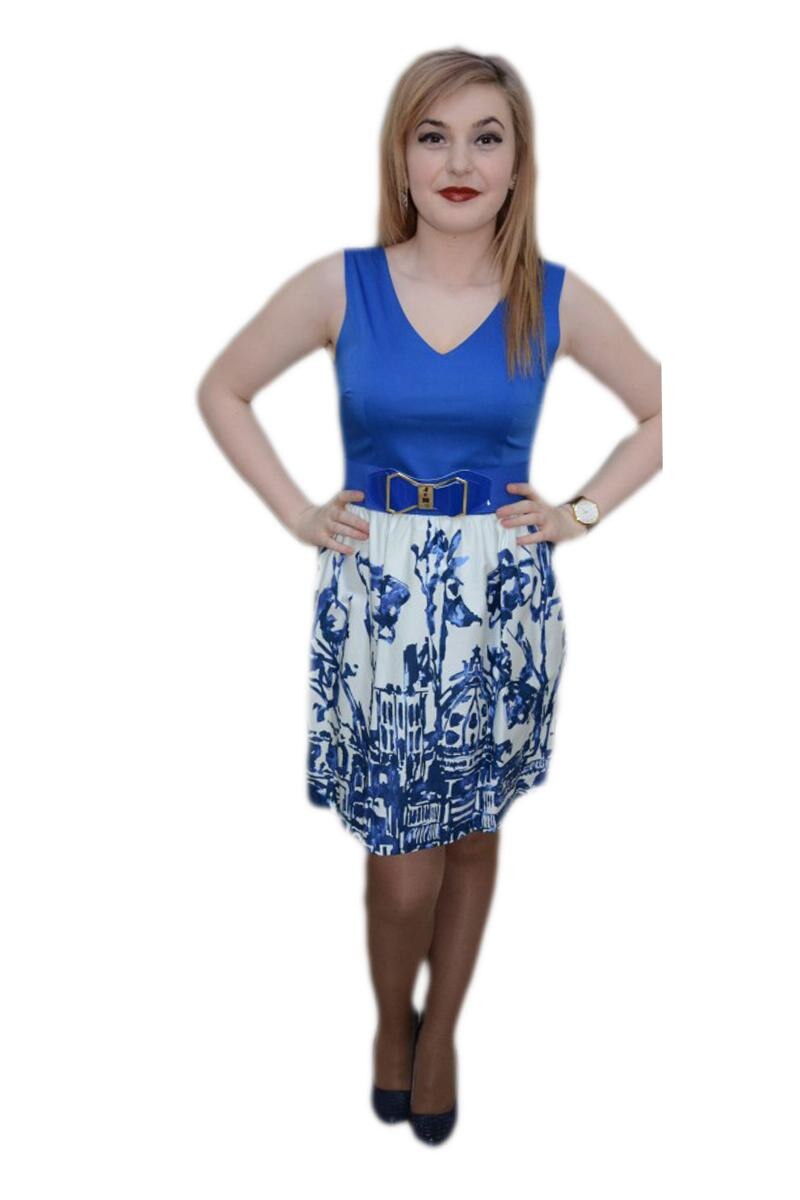 Rochie eleganta,imprimeu abstract, D&J Exclusive, Albastru
