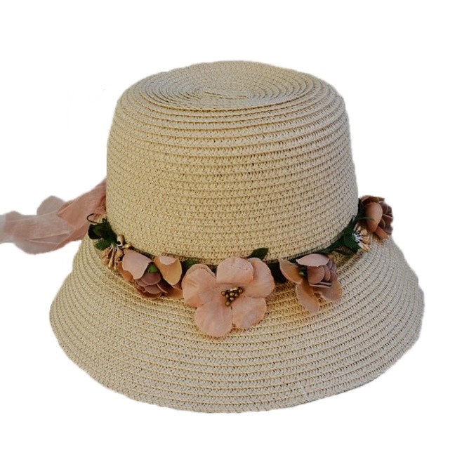 Palarie chic de vara, cu insertie de flori colorate, D&J Exclusive, Bej, Universal