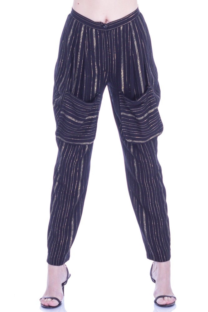 Pantalon negru bumbac cu dungi Liza Panait I-103E