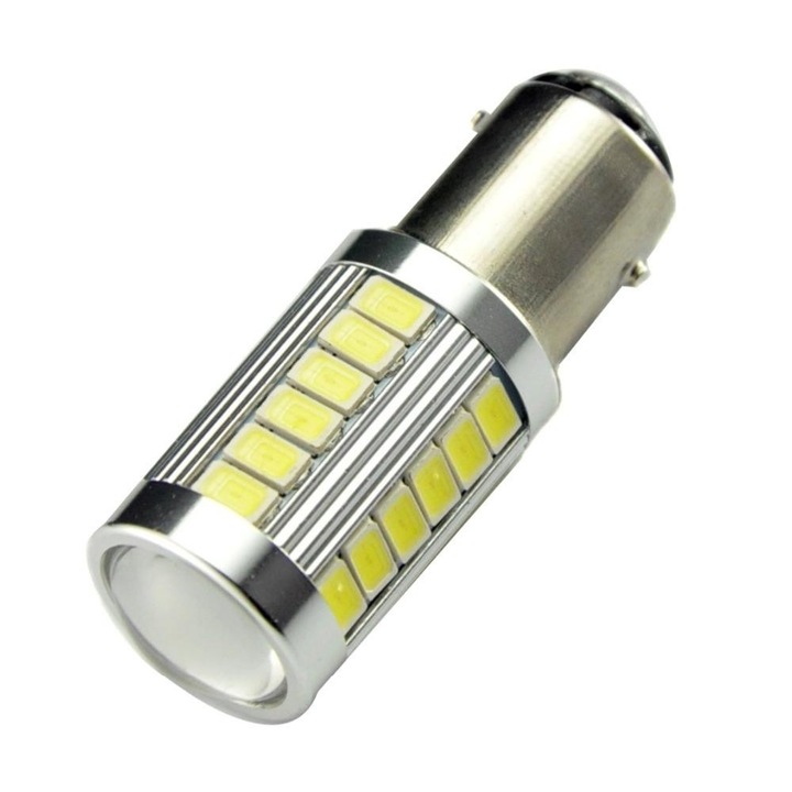 Bec LED auto, motoLEDy, P21/5W BAY15D (1157), 12V, 1300lm, Set 2 bucati, CANBUS, Lumina alba Xenon 5500K, 33 LED-uri SMD 5630, Unghi 360°, Rezistent la socuri, Durata de viata 50.000 ore, Pentru lumini de pozitie, DRL, marsarier si ambarcatiuni