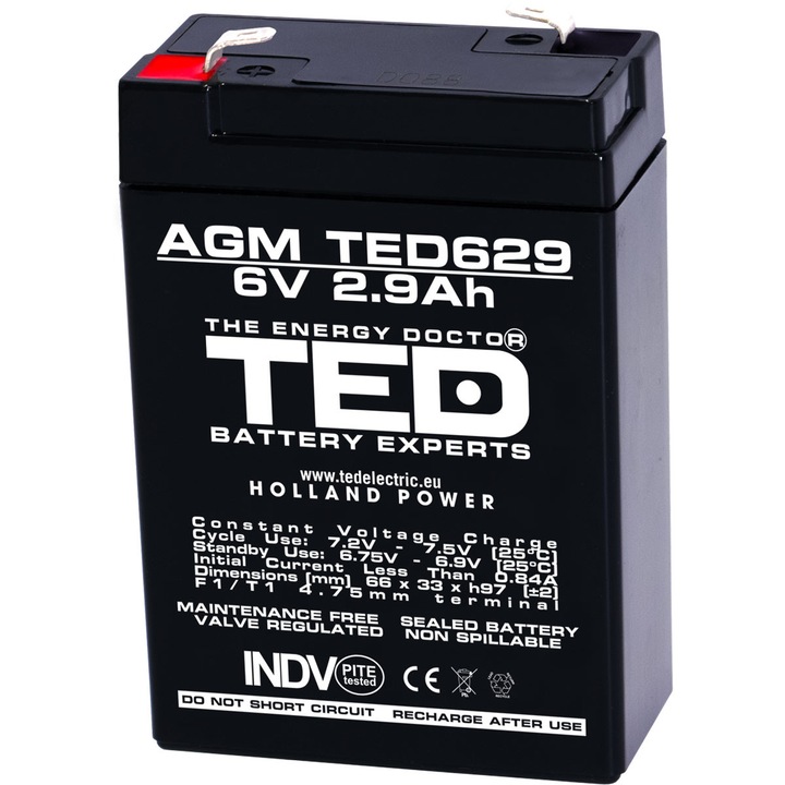 Acumulator Stationar AGM VRLA Etans 6V 2.9A F1 T1, Dimensiuni 66mm x 33mm x h97mm, TED Electric