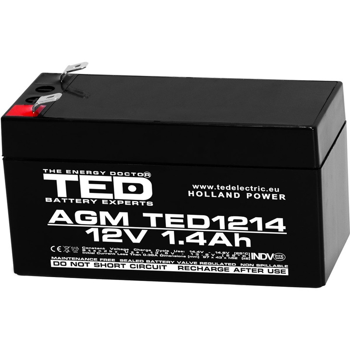 Acumulator Stationar AGM VRLA Etans 12V 1.4A F1 T1, Dimensiuni 97mm x 43mm x h52mm, TED Electric