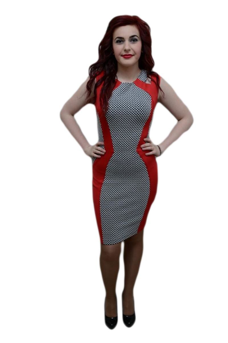 Rochie trendy, design geometric chic, D&J Exclusive, Rosu/Negru