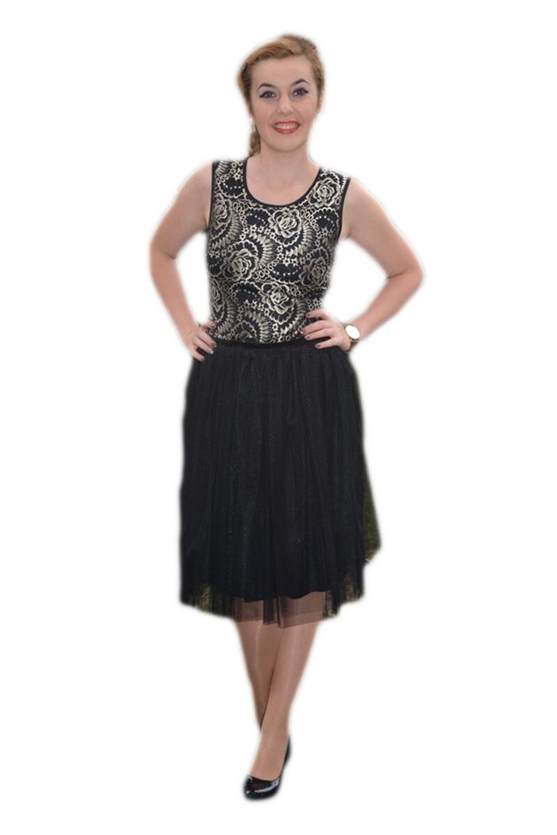 Rochie eleganta din tul in partea de jos si dantela aurie, D&J Exclusive, Negru