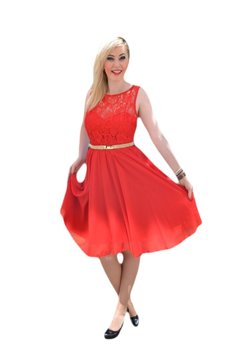 Rochie de ocazie din dantela si voal, D&J Exclusive, Rosu