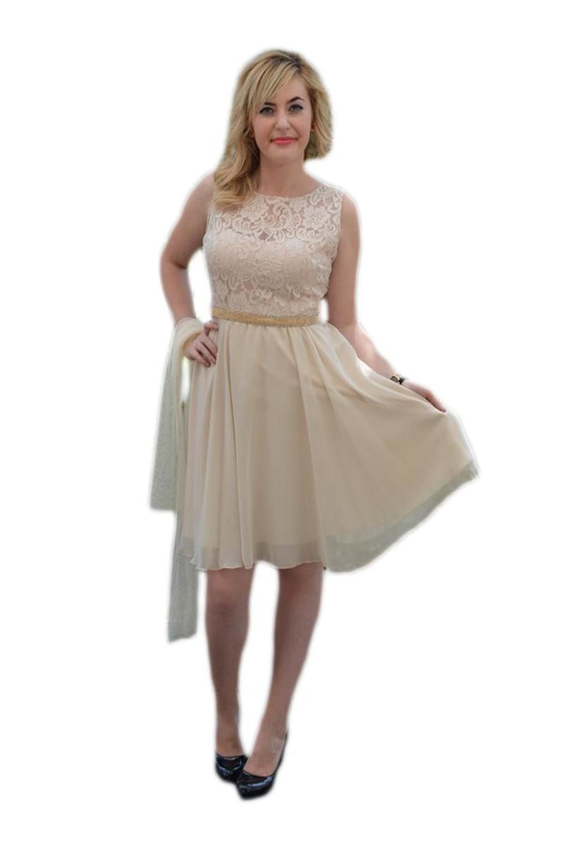 Rochie de ocazie din dantela si voal, D&J Exclusive, Crem