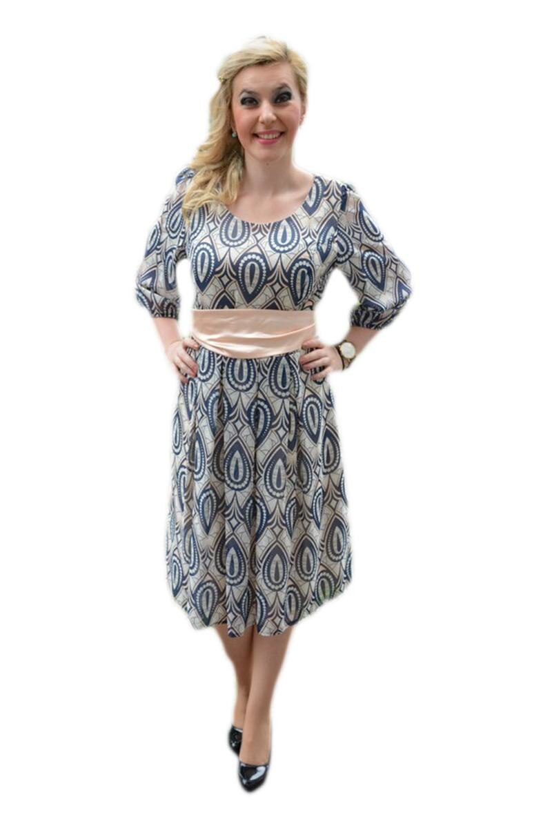 Rochie eleganta, cu model abstract, D&J Exclusive, Bleumarin/Roz
