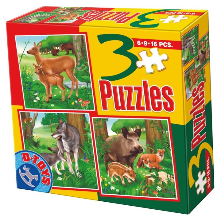 D-Toys Puzzle készlet, 3 x kirakó (6, 9, 16 db), vadállatok