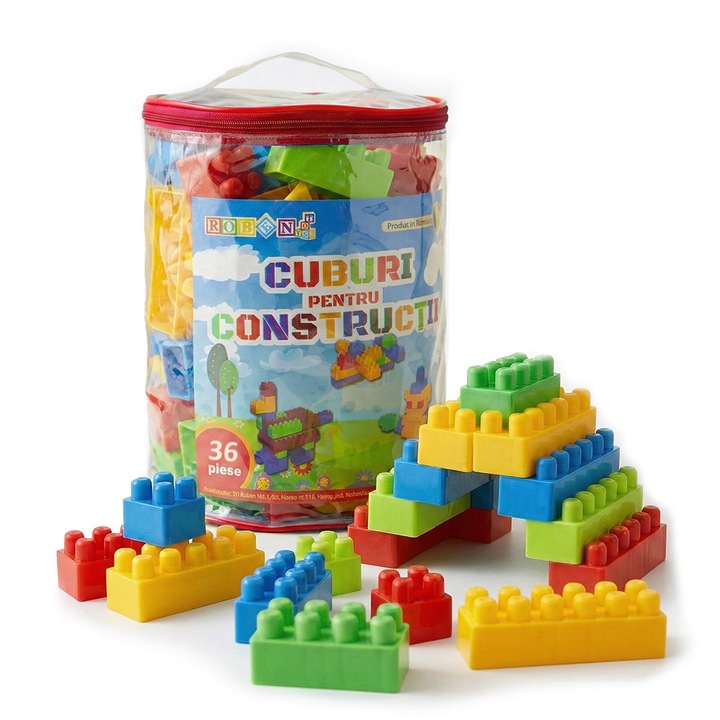 Set Cuburi de Constructie RobenToys, 36 Piese, Rosu, Plastic de Inalta Calitate, Joc Educativ si Creativ pentru Copii, +18 Luni