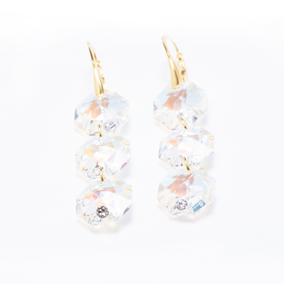 Cercei Argint DaviCristals cu cristale Swarovski octogon cu leverback agatator gold cu trei cristale Aurore Boreale