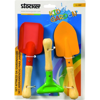 Set de unelte de gradina pentru copii contine: lopatica, grebla, spatula fabricate din metal usor coada este din lemn Set de unelte de gradina pentru copii contine: lopatica, grebla, spatula fabricate din metal usor coada este din lemn