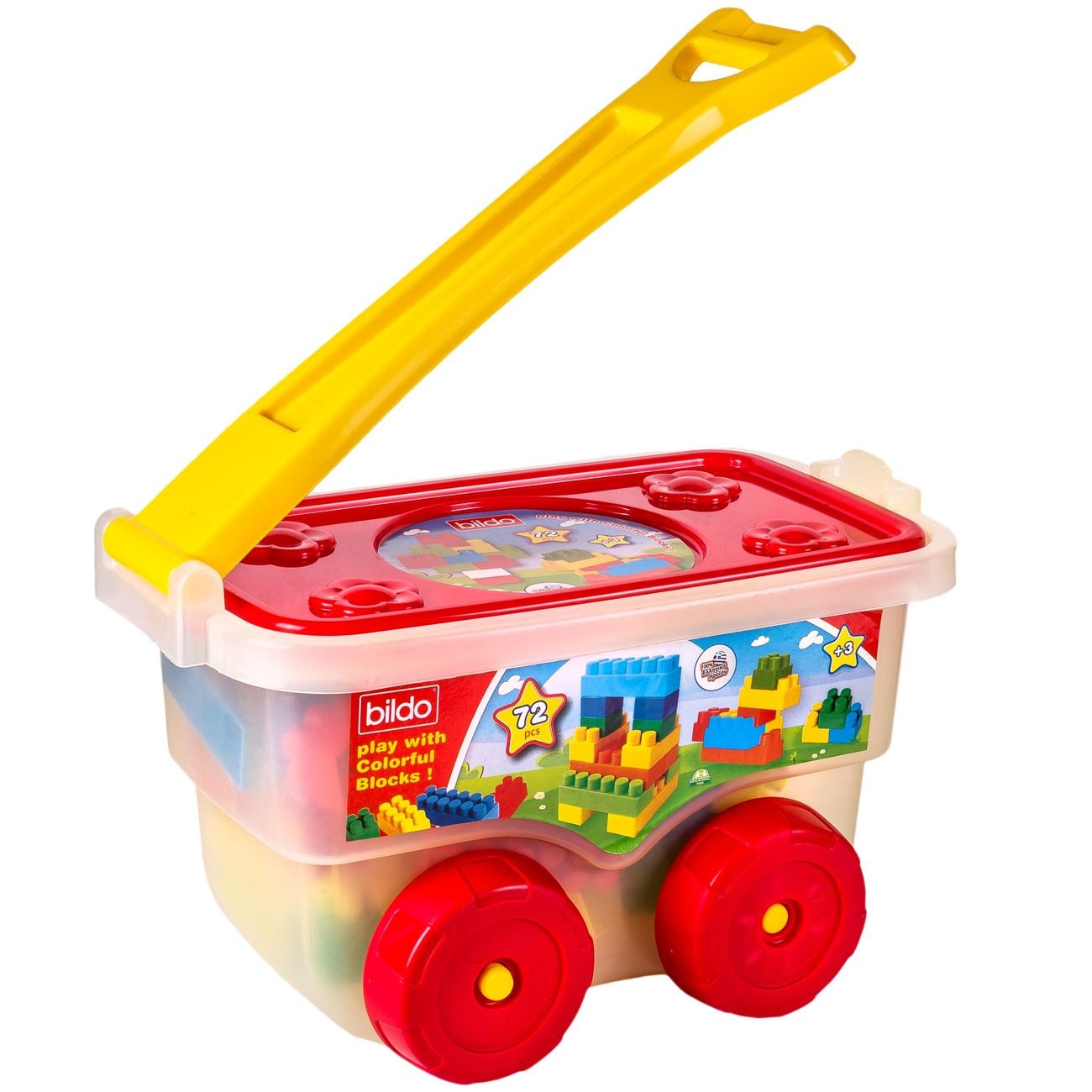 Carucior Zola® cu maner pentru copii si cuburi de construit - 72 piese