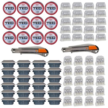 Pachet - 24 x Doza de perete patrata cu capac, 9.5x9.5x4cm + 20 x Regleta electrica, 5 poli + 20 x Regleta electrica, 3 poli + 12 x Banda neagra izolatoare, 20M + 2 x Cutter metalic Pachet - 24 x Doza de perete patrata cu capac, 9.5x9.5x4cm + 20 x Regleta electrica, 5 poli + 20 x Regleta electrica, 3 poli + 12 x Banda neagra izolatoare, 20M + 2 x Cutter metalic