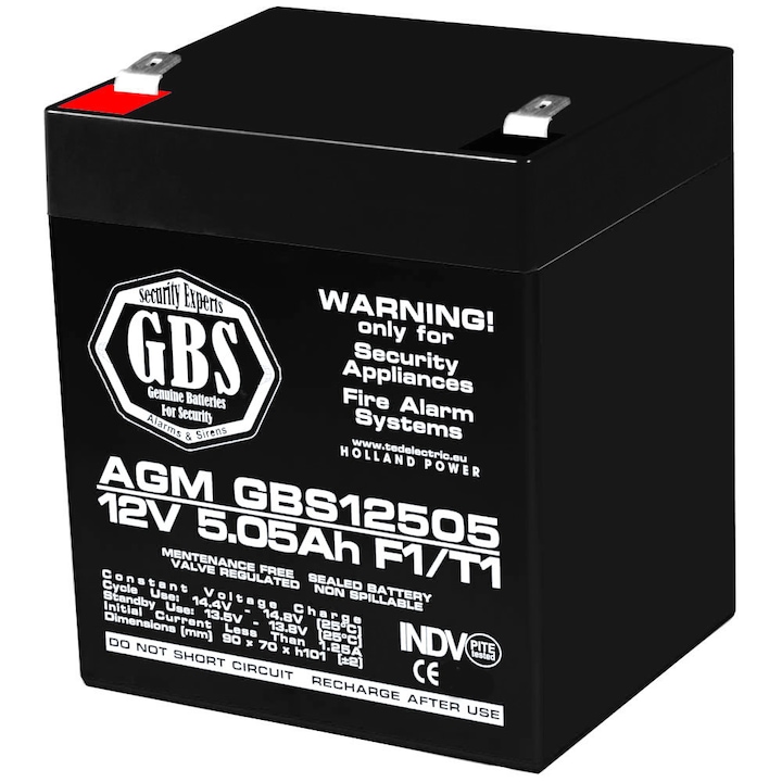 Acumulator stationar VRLA AGM 12V 5,05Ah, F1/ T1 pentru sisteme de securitate, GBS, etans, UPS, Back-up, alarma, sirena