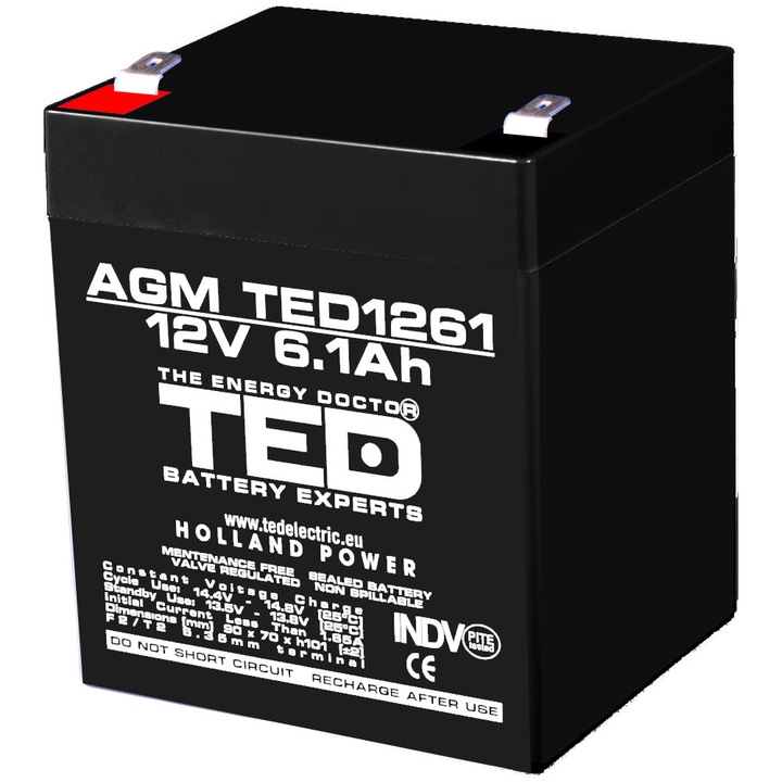 Акумулаторна батерия TED Electric, VRLA AGM 12V 6.1Ah, F2/ T2, UPS, Back-up, аларма