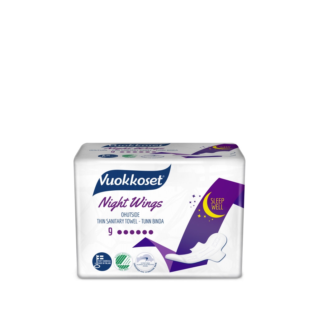 Absorbante de noapte eco Vukkoset Finlanda cu aripioare, NIght WIngs 9 bucati, ambalate individual