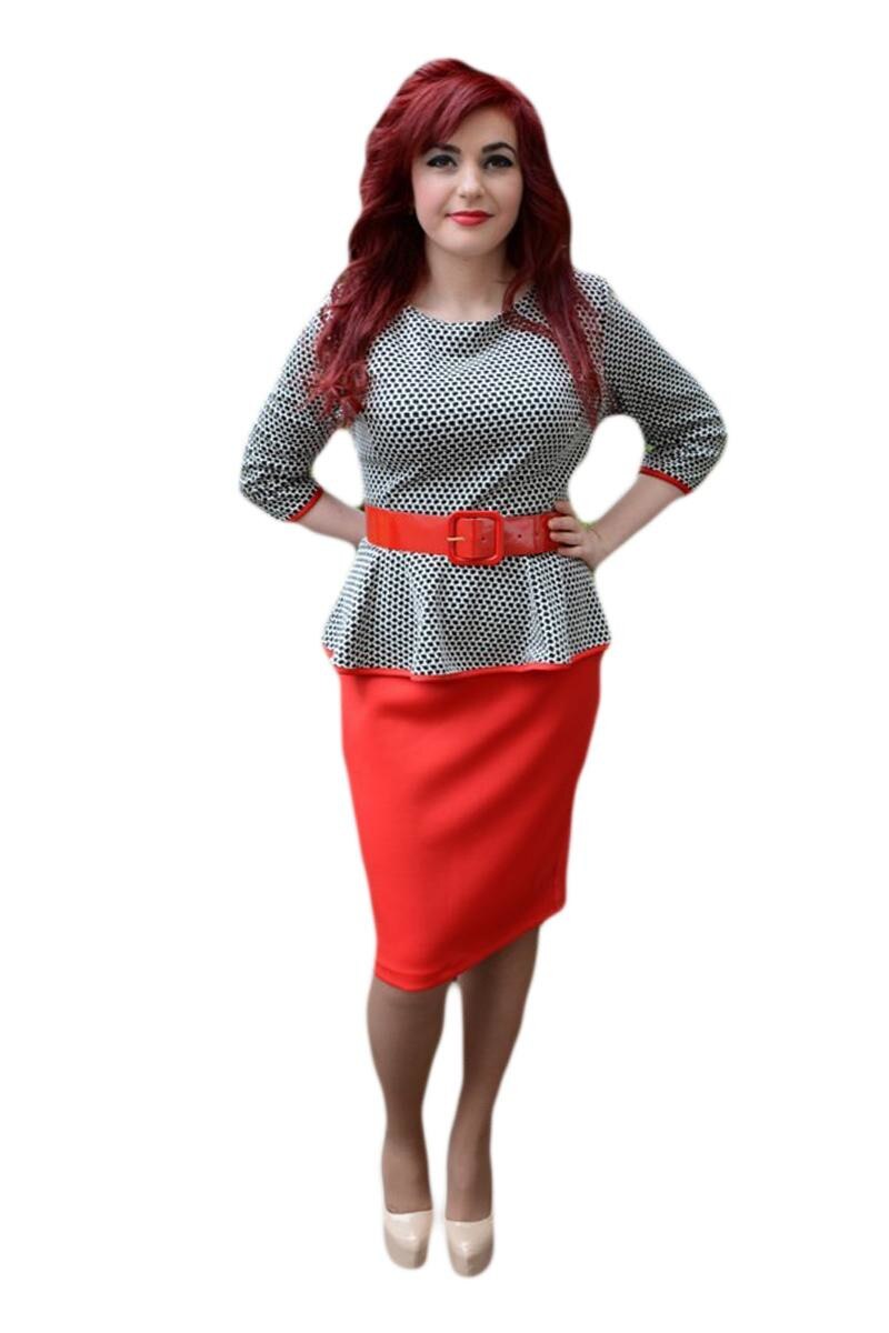 Rochie in tendinte cu design geometric fin, D&J Exclusive, Negru/Rosu